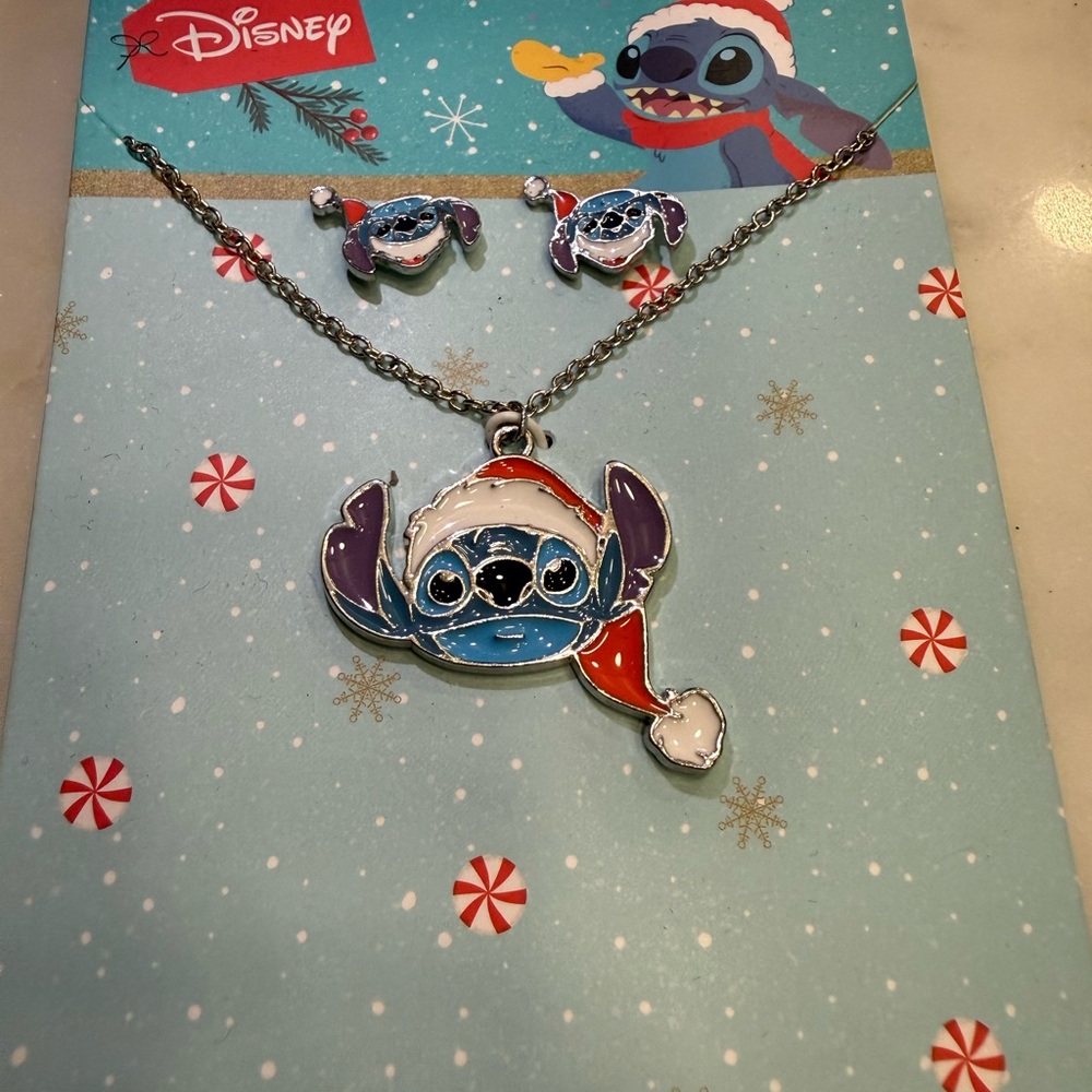 Disney Stitch Festive Necklace and Earrings Set - Blue and Red Christmas